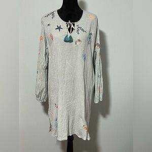 JOHNNY WAS Long Sleeve Crinkle Beachy Embroidered Dress/Cover Up- M